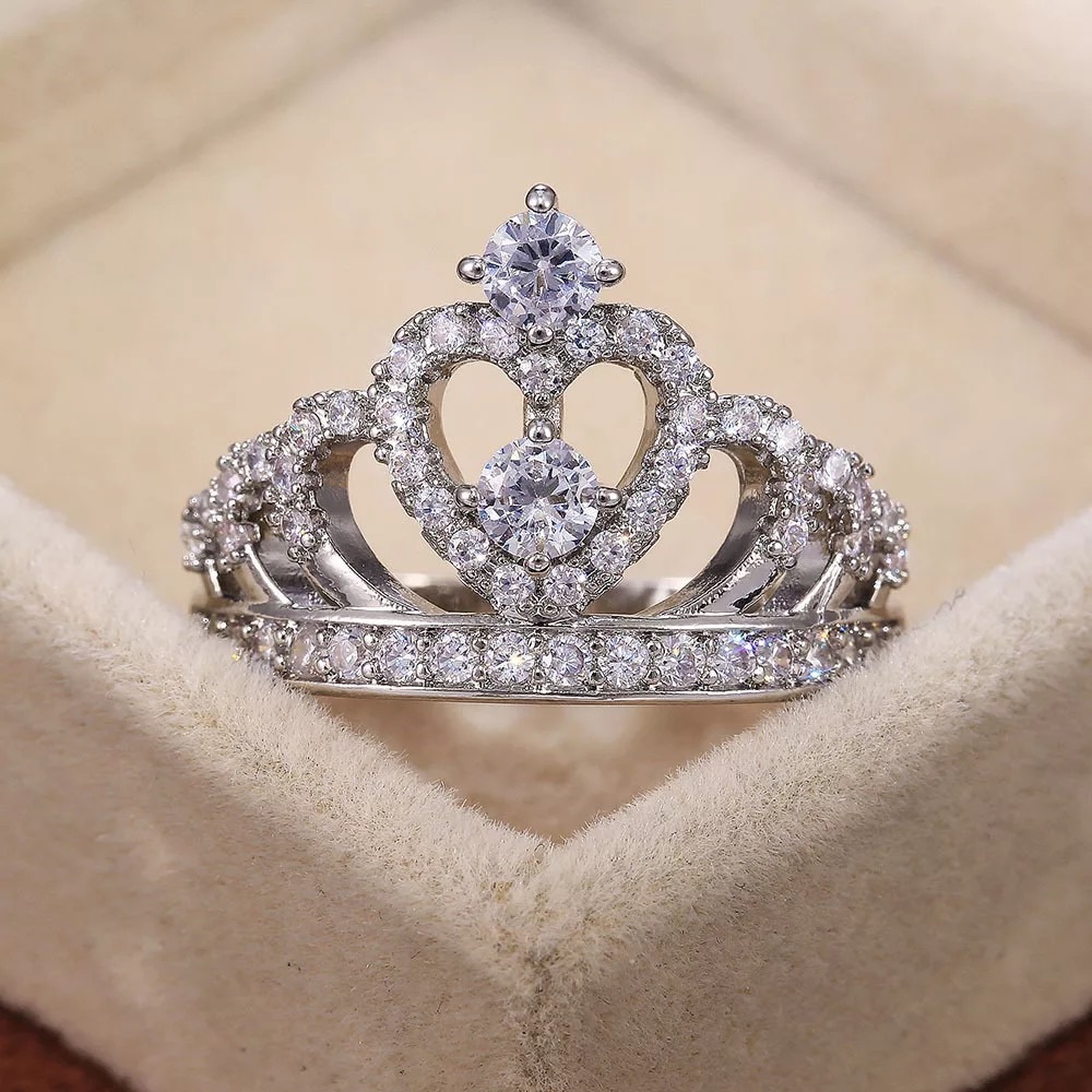 New 925 Silver Sweat Love Heart Princess Crown Diamond Ring - Picture 5 of 5